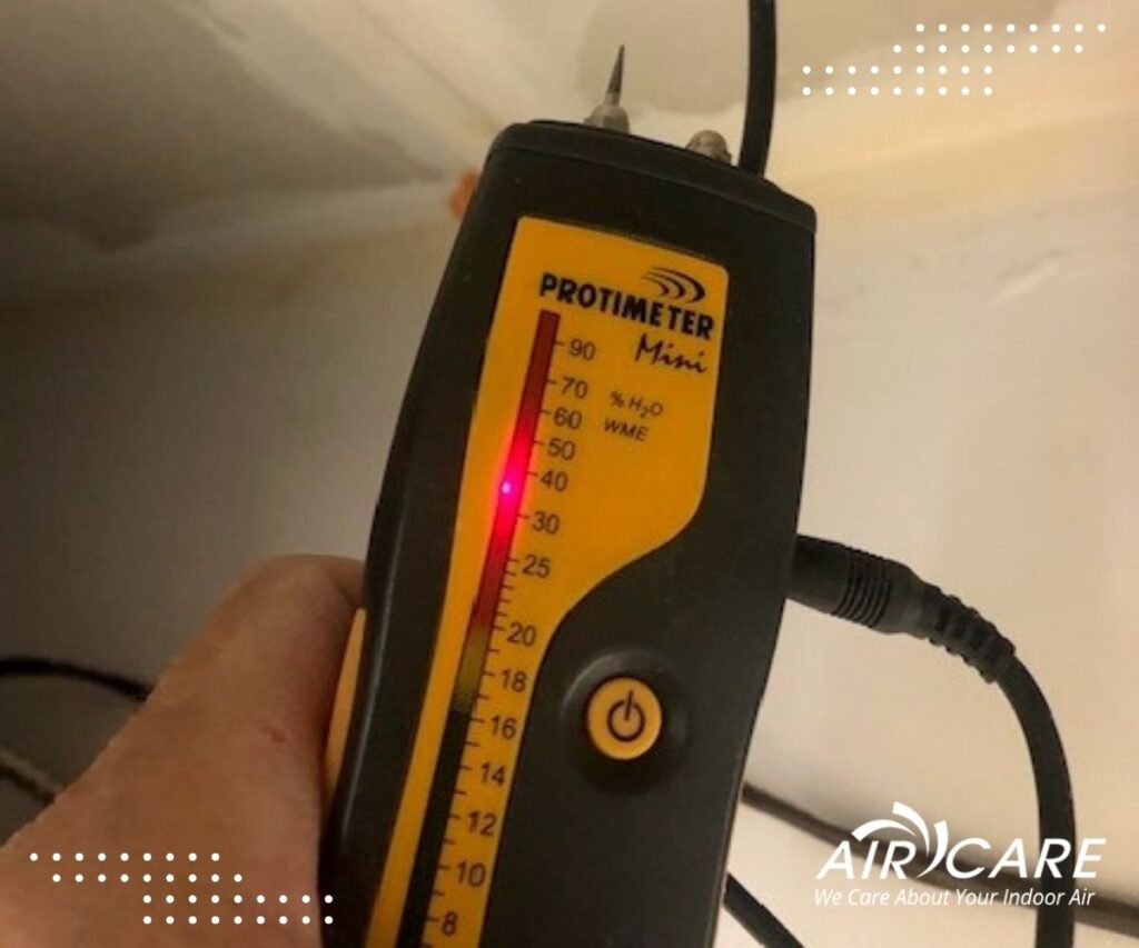 Moisture meter reading used to find the source of mold growth